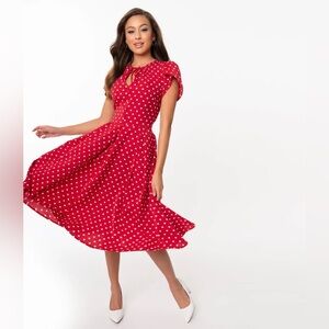 Unique Vintage Red & White Polka Dot Dahlia Swing Dress